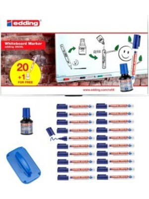 Özbience Edding Beyaz Tahta Kalemi Cap Off E-360XL Mavi 20 Li + Mürekkep Silgi