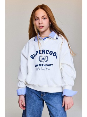 DeFacto Okula Dönüş Polo Yaka Slogan Baskılı İçi Yumuşak Tüylü Sweatshirt Kumaşı Sweatshirt Kız Çocuk G5767A826SP
