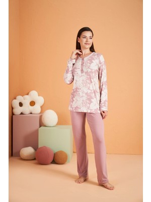 Çamaşır Kenti Pjs 28016 Kadın Uzun Kol Yarı Patlı Desenli Pijama Takım