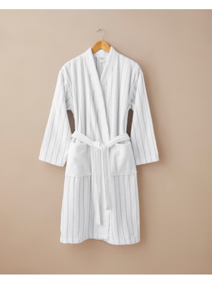 English Home Mono Stripe Pamuk Bornoz L-XL Beyaz - Gri