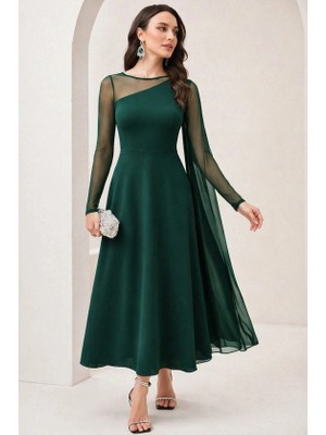 Çamaşır Kenti Kadın Uzun Kollu Yarı Balıkçı Yaka Tül Detaylı Uzun Sandy Elbise