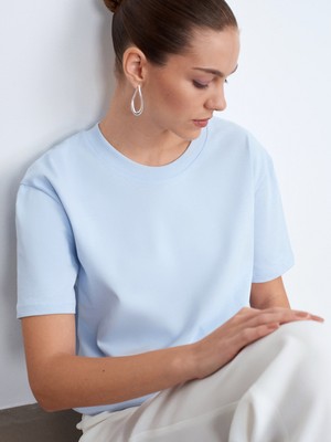 Dilvin 30312 Dekoratif Dikişli Bisiklet Yaka Tshirt-Açık Mavi