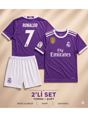 Andream  Real Madrid Ronaldo 7 Mor Çocuk Futbol Forması Forma Şort 2 Parça