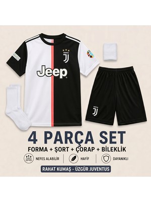 Andream Juventus Cr7 Ronaldo Siyah Beyaz Çocuk Futbol Forması Forma Şort Çorap Bileklik 4 Parça