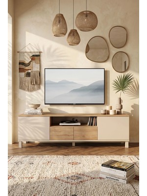 Robin Home Urban Tv Ünitesi Sehpası 2 Kapaklı 2 Çekmeceli Ahşap Ayaklı 180CM Kumsal-Sepet