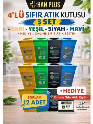 Han Plus Geri Dönüşüm Kutusu - 4'lü Set, 3 Takım, Otel, Fabrika ve İşyeri Kullanımına Uygun (Toplam 12 Adet) + Online Sıfır Atık Eğitimi