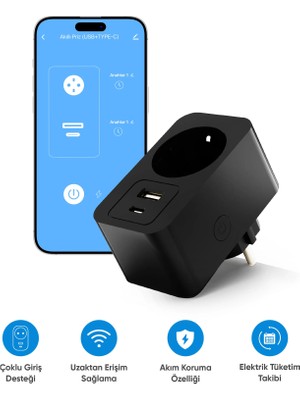 USB Type-C Akıllı Wi-Fi Priz Akım Korumalı ve Uzaktan Kontrollü