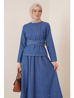 Moda Morfo Yuvarlak Yaka Beli Çapraz Bağcıklı Etekli Tensel Takım -İndigo
