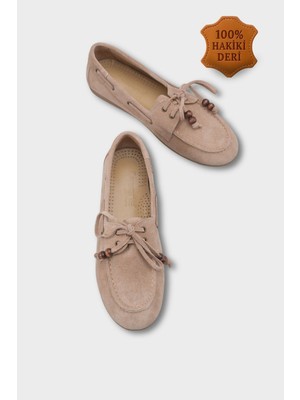 Capone Outfitters Vicki Hakiki Deri Süet Bağcıklı Boncuklu Konfor Kadın Loafer Tekne Ayakkabısı