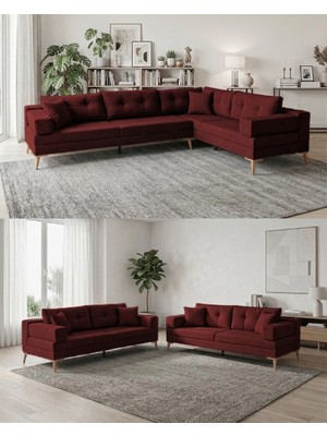 Velura Home & Living Zeri (Pufsuz) 3+3 Yataklı Modüler Koltuk Takımı & 2 Adet Üçlü Kanepe - Bordo - 173