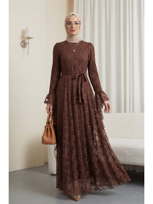 Moda Morfo Çiçek Desenli Güpür Dantelli Kolu Volanlı Kemerli Astarlı Elbise -Kahve