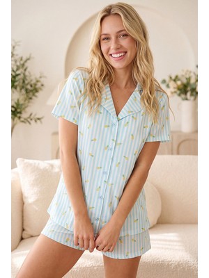 Nbb Mavi Pineapple Önden Düğmeli Şortlu Takım