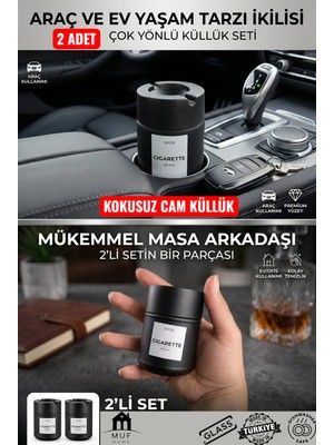 Muf Home Premium 2'li Cam Küllük Seti: Araç Içi Bardaklık Uyumlu ve Masaüstü Kapaklı Dumansız Küllük 212ML 2 Adet