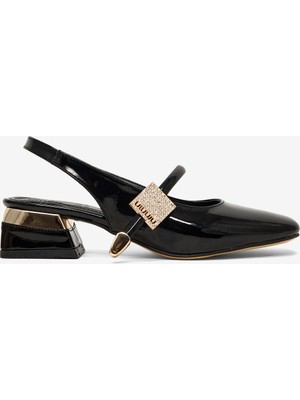 Tonny Black Kadın Siyah Rugan Rahat Kalıp Kemer Detaylı Taşlı Topuklu Ayakkabı