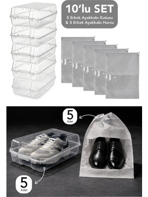 Meleni Home 10'lu Set - 5 Adet Erkek Ayakkabı Kutusu ve 5 Adet Ayakkabı Saklama Hurcu Düzenleyici Organizer
