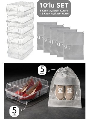 Meleni Home 10'lu Set - 5 Adet Kadın Ayakkabı Kutusu ve 5 Adet Ayakkabı Saklama Hurcu Düzenleyici Organizer