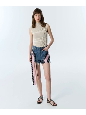 Twist Kontrast Kuşaklı Denim Şort TS1260013089629