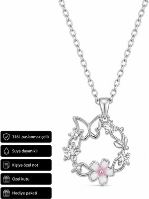 Herşey Nota Butterfly Detaylı Çiçek Motifli 316L Çelik Kolye Hediye