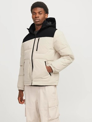 Jack & Jones Jjeotto Erkek Şişme Mont Krem Renk Uzun Kol Kapüşonlu Sürdürülebilir Tasarım