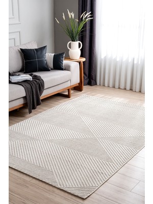 Koza Halı Retro Krem Krem Geometrik Desenli Tozumaz Salon Koridor Balkon Teras Bahçe Oturma Odası Halısı 19270A