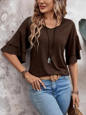 Pileli Store Kadın Kısa Kollu V Yakalı Viskon Bluz