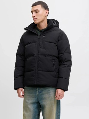 Jack & Jones Owen Erkek Kapüsonlu Puffer Mont Düz Siyah 100% Polyester Orta Kalınlık Regular Kalıp