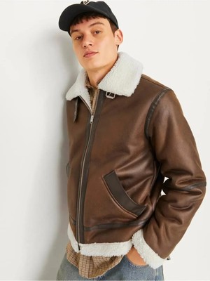 Jack & Jones Jorcole Aviator Jacket Erkek Uzun Kollu Kürklü Deri Ceket Casual Kullanım İçin Polyester