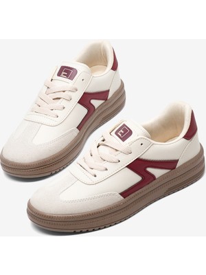 Tonny Black Kadın Bej Bordo Rahat Kalıp Kauçuk Taban Bağcıklı Sneaker