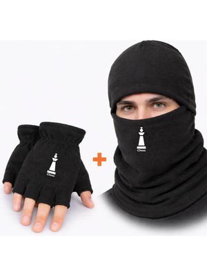 Özbience Satranç Temalı Polar Kesik Eldiven ve Kar Maskesi Seti, Unisex, Şık ve Konforlu