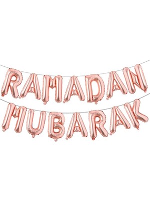 Patladı Gitti Rose Gold Renk Ramadan Mubarak  Folyo Balon Set 16 Inç 40 cm
