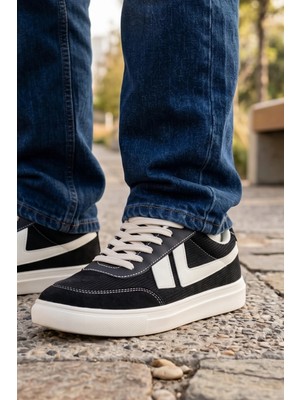 In Step Street Style Erkek Siyah-Beyaz Korduroy Detaylı Süet Şehir Ayakkabısı