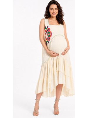 Park Moda Kadın Ekru Nakışlı Hamile Elbisesi Kolsuz Yazlık Bohem Rahat Kesim Elbise