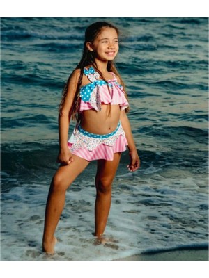 Cg Kids Renkli Desen Baskılı Fiyonk Detaylı Askılı Kız Çocuk Bikini / Mayo Alt Üst Takım Süper Kalite