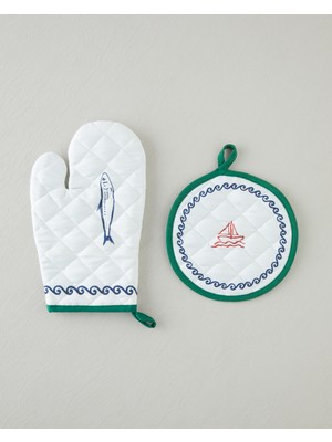 English Home Maritime Melody Polyester 2'li Mutfak Seti 17X30 cm + 20X20 cm Beyaz - Yeşil