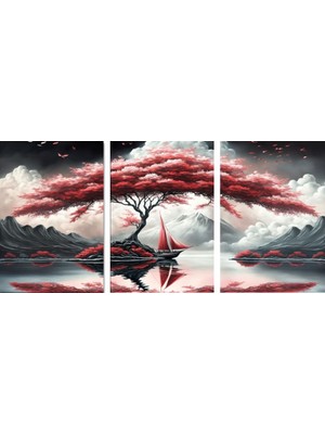 Dünyatablo Modern Kırmızı Manzara - 3'lü Metal Duvar Dekoru