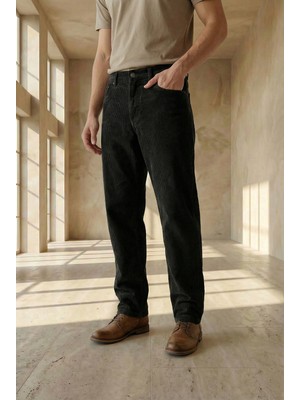 Little Cup Jeans Co  Erkek  Baggy Fit Rahat Kalıp Kadife Siyah Pantolon
