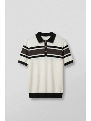 Abluka Online Erkek Regular Fit Çizgili Havlu Triko Polo Yaka T-Shirt Ekru Kahverengi