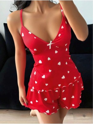 Asil Sepet Giyim Kadın Kalp Desenli Şortlu Pijama Takımı Rahat ve Şık Ev Giyim Seti