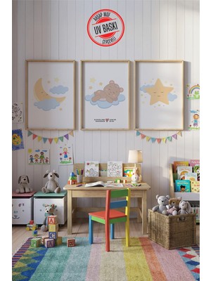 Giftcrea Uv Baskılı Çocuk Odası 3'lü Ahşap Mdf Tablo Seti - V15