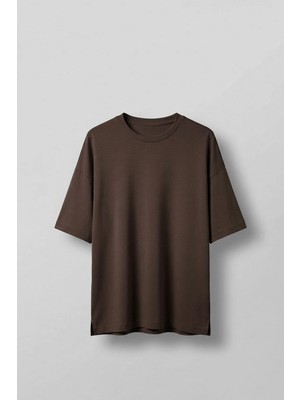 Abluka Online Erkek Oversize Esnek Kumaş Basic T-Shirt Kahverengi
