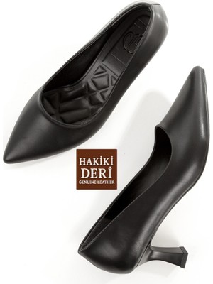 Modabuymus Siyah Hakiki Deri Stiletto Kadeh Topuklu Sivri Burun Kadın Ayakkabı Dkandy