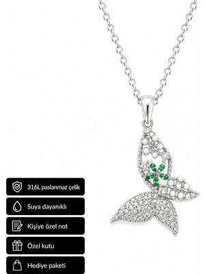 Herşey Nota Butterfly Figürlü Yeşil Taşlı Gümüş Renk Kadın Kolye Hediye