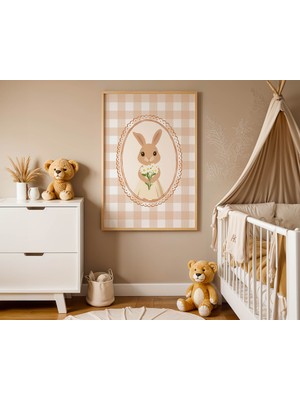 Pegziz Çocuk Odası Vintage Tavşan Temalı Tablo Doğal Ahşap Çerçeveli Duvar Tablosu