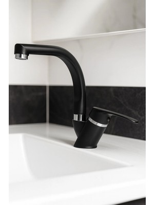 Kustar Tyal Siyah Kısa Mix Aç Kapa Banyo Lavabo Bataryası Kolay Montaj ve Döner Borulu Özellikte