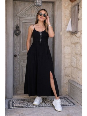 Deridün Yıldız Shoes Kadın Ip Askılı Yuvarlak Yakalı Önden Yırtmaçlı Cep Detaylı Uzun Viskon Elbise