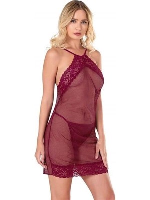 MTM My The Mall Giyim Bordo Kısa File-Tül Gecelik 8132