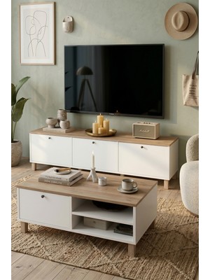 Robin Home Alaska Tv Ünitesi Orta Sehpa Ahşap Ayaklı 2'li Set Sepet-Beyaz