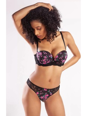 MTM My The Mall Giyim Golshan Gardenia Mini Slip, Kadın Dantelli Çiçek Baskılı Siyah Normal Bel Külot