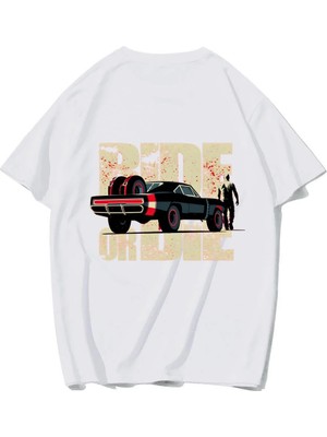 Brz Collection Unisex Oversize Car Ride Or Die T-Shirt (Beyaz)
