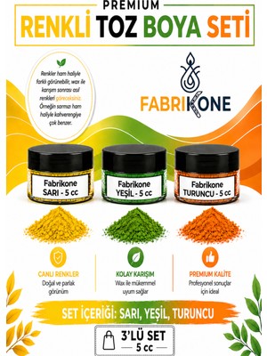 Fabrikone 3'lü Set Premium Parafin Soya Wax Toz Mum Boyası Hobi Seti - 5 cc (Sarı, Yeşil, Turuncu) BKFAB3SRYT5G
